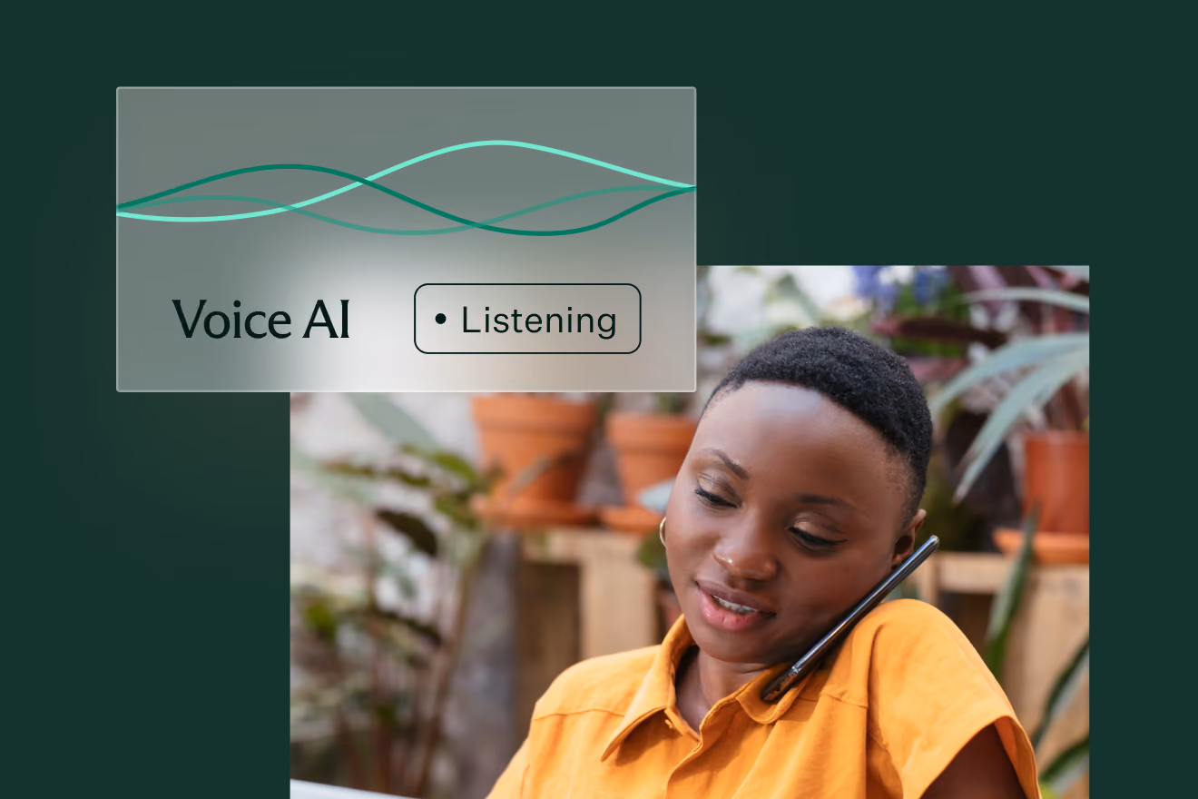 Person wearing a yellow shirt talking on a phone, with an overlay showing 'Voice AI' and a 'Listening' status with waveform graphics.