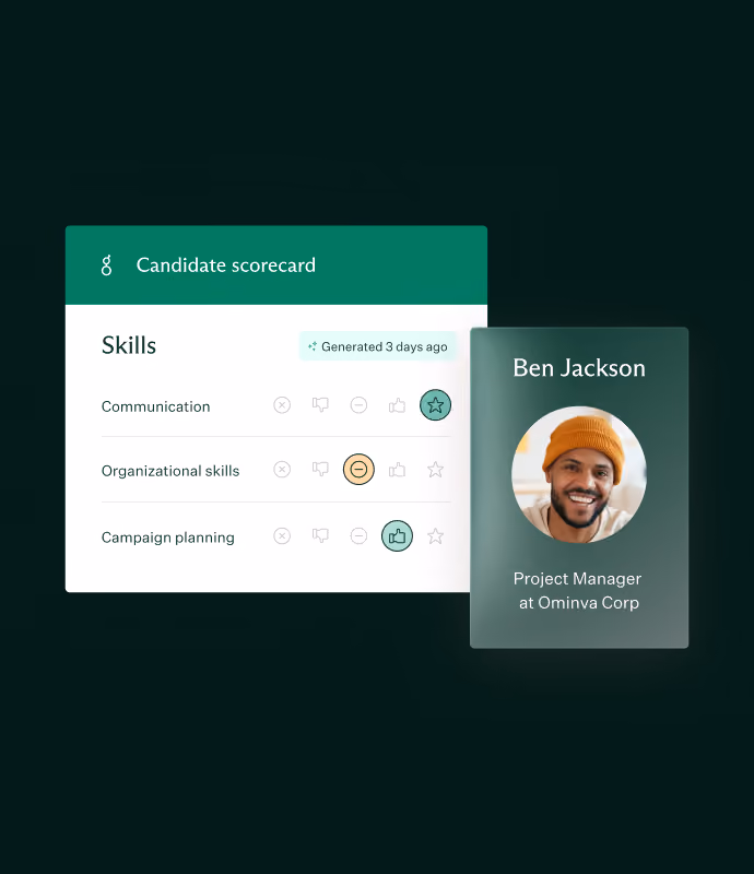 Candidate scorecard displaying skills ratings for Communication, Organizational skills, and Campaign planning, generated 3 days ago, alongside profile card for Ben Jackson, Project Manager at Ominva Corp, showing his photo with an orange beanie and smiling.