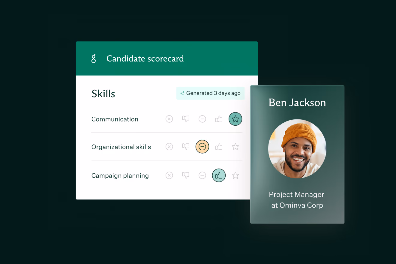 Candidate scorecard showing skills with ratings: Communication marked with a star, Organizational skills rated neutral, and Campaign planning with a thumbs up. Card displays photo of Ben Jackson, Project Manager at Ominva Corp, wearing an orange beanie and smiling.