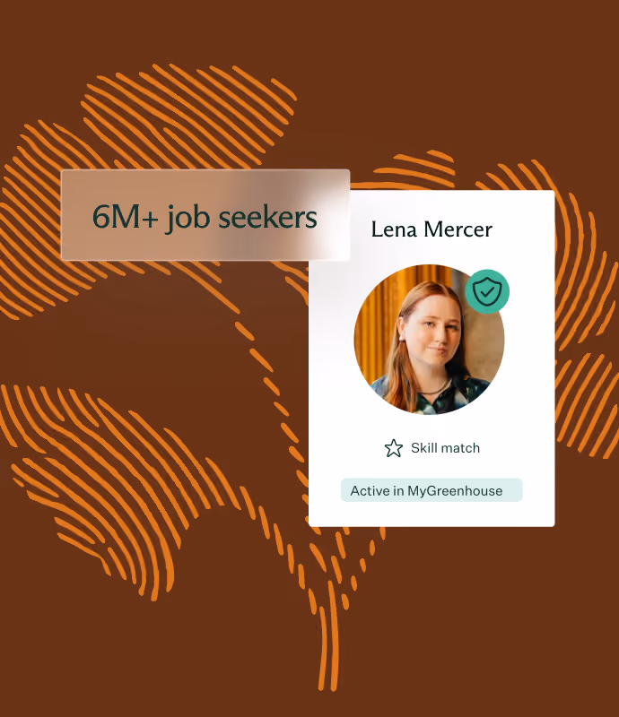 Profile card of a woman named Lena Mercer with a round photo, a skill match star icon, and a label indicating she is active in MyGreenhouse against a brown background with orange fingerprint-like patterns and the text '6M+ job seekers'.