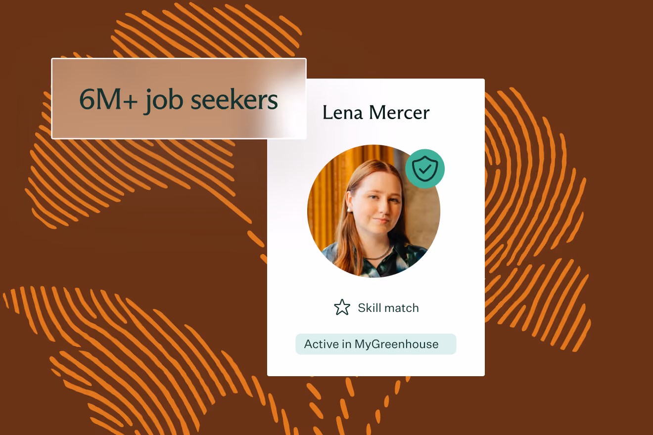 Profile card of Lena Mercer with a circular photo, a shield icon indicating verified status, a star icon labeled Skill match, and a tag Active in MyGreenhouse, against a brown background with orange abstract stripes, alongside text stating 6M+ job seekers.