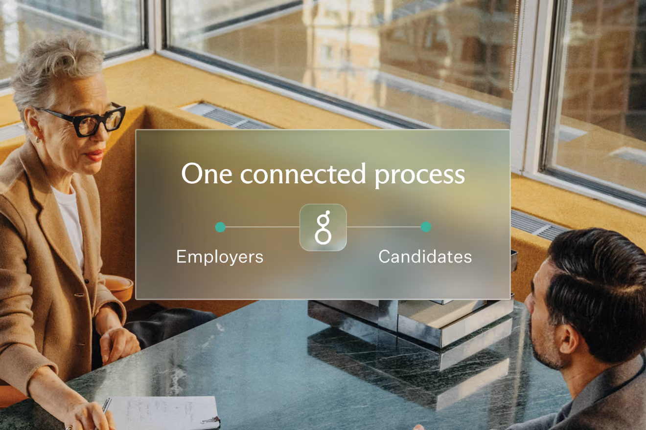 A woman and a man sit across from each other at a glass table by a window, with an overlay text reading 'One connected process' and showing 'Employers' connected to 'Candidates' with a central icon.