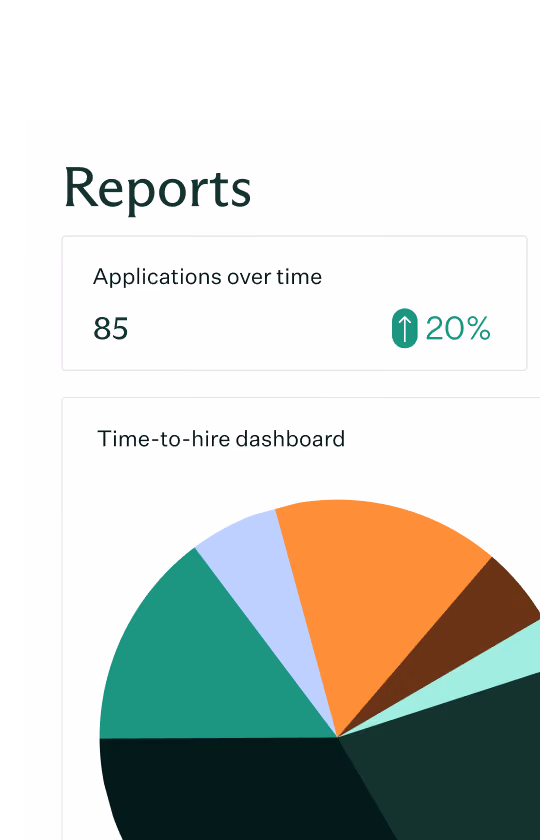 Report showing 85 applications over time with a 20% increase indicated by a green upward arrow, and a multicolored pie chart labeled Time-to-hire dashboard.