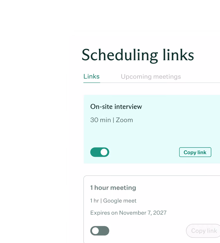 Scheduling links interface showing two meeting options: an active 30-minute on-site interview via Zoom with a toggle switch on and a 'Copy link' button, and an inactive 1-hour meeting via Google Meet expiring on November 7, 2027, with a toggle switch off and a disabled 'Copy link' button.