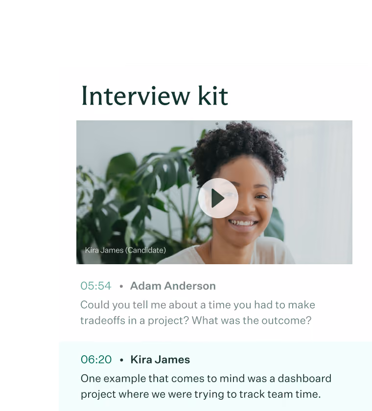 Interview kit interface showing a video thumbnail of a smiling woman labeled Kira James (Candidate) with a play button overlay, followed by a transcript excerpt including questions and answers about managing tradeoffs in a project.