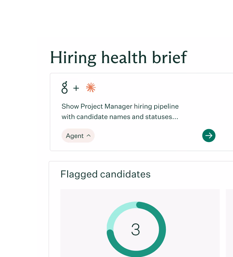 Dashboard titled Hiring health brief showing a Project Manager hiring pipeline with candidate names and statuses, and a section labeled Flagged candidates with a circular progress indicator showing the number 3.