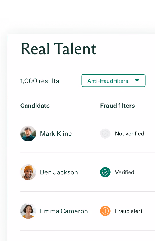 Screenshot of a talent search interface titled Real Talent showing 1,000 results with an anti-fraud filters dropdown. It lists three candidates: Mark Kline with a gray icon and label Not verified, Ben Jackson with a green shield icon and label Verified, and Emma Cameron with an orange exclamation mark icon and label Fraud alert.
