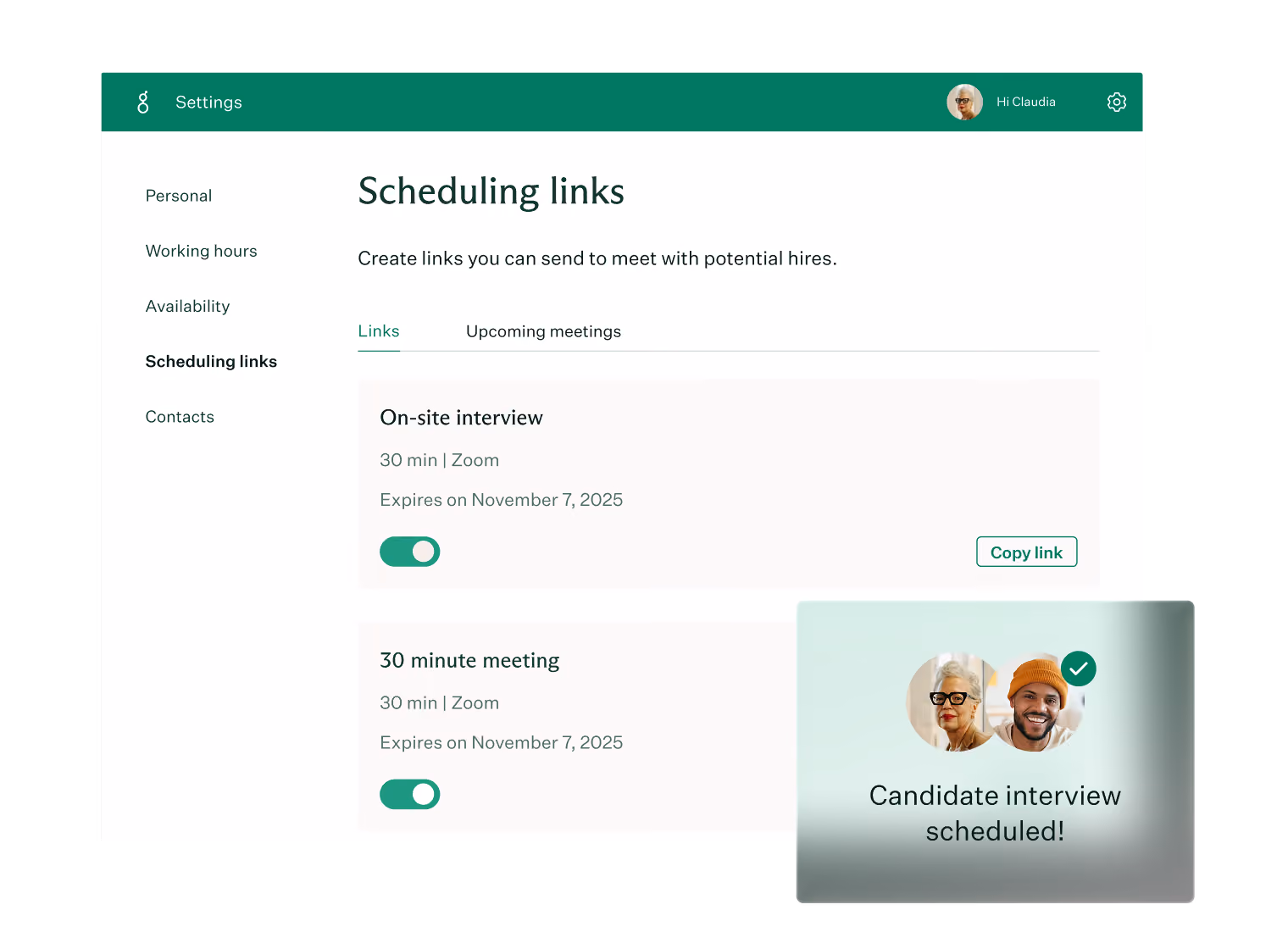 Screenshot of a scheduling interface showing links for meeting potential hires, including an On-site interview and a 30-minute Zoom meeting, both expiring November 7, 2025, with toggles turned on and a Copy link button. A notification pop-up says 'Candidate interview scheduled!' with photos of two people.