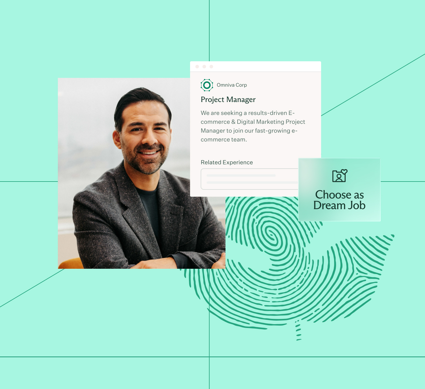 Smiling man with dark hair and beard wearing a dark blazer, alongside a job listing for Omniva Corp seeking a Project Manager in e-commerce and digital marketing, with an option labeled 'Choose as dream job' over a stylized fingerprint graphic on a green background.