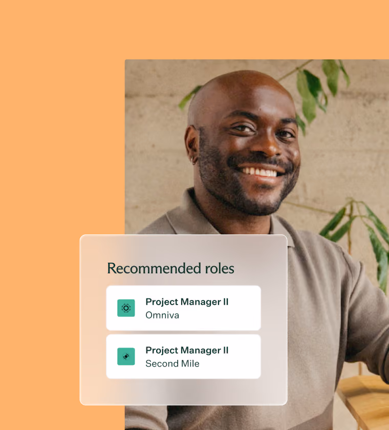 Smiling man with close-cropped hair and beard, wearing a beige shirt, next to a UI panel displaying recommended roles: Project Manager II at Omniva and Project Manager II at Second Mile.