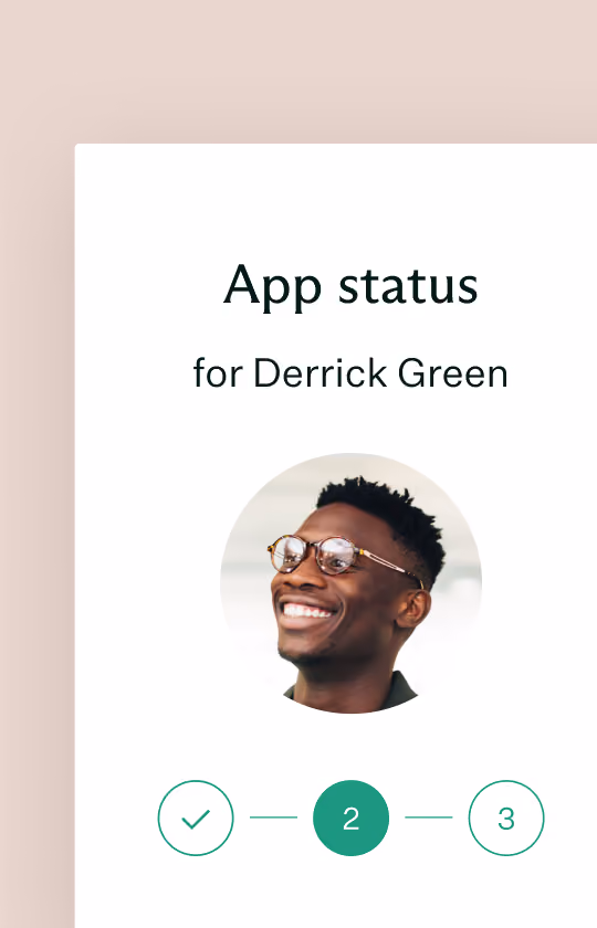 App status screen for Derrick Green with a smiling man wearing glasses shown in a circular frame above a three-step progress indicator highlighting step 2.