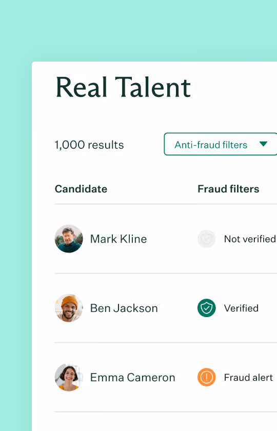 User interface showing a search result for 'Real Talent' with 1,000 results, listing candidates and fraud filter statuses: Mark Kline not verified, Ben Jackson verified, Emma Cameron fraud alert.