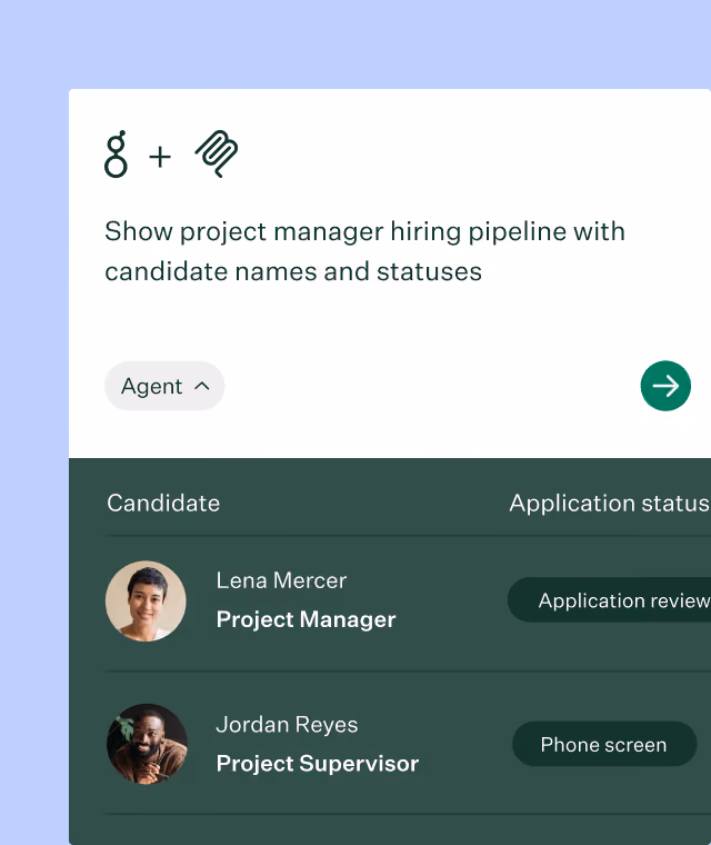 User interface showing a project manager hiring pipeline with candidate names and statuses. The section features two candidates: Lena Mercer, Project Manager, with application status 'Application review,' and Jordan Reyes, Project Supervisor, with status 'Phone screen.'