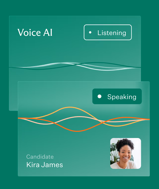 A Voice AI interface showing two panels: the top panel labeled 'Listening' with white waveform lines, and the bottom panel labeled 'Speaking' with orange waveform lines and a smiling woman labeled as candidate Kira James.