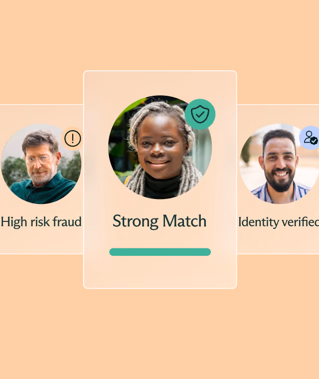 Three circular portraits in a horizontal row on a peach background with semi-transparent rounded rectangles and text beneath each. Center portrait shows a smiling woman with gray braided hair labeled 'Strong Match' with a green shield icon. Left portrait shows a man with gray hair and glasses labeled 'High risk fraud' with an exclamation mark icon. Right portrait shows a smiling man with short dark hair and beard labeled 'Identity verified' with a blue user icon.