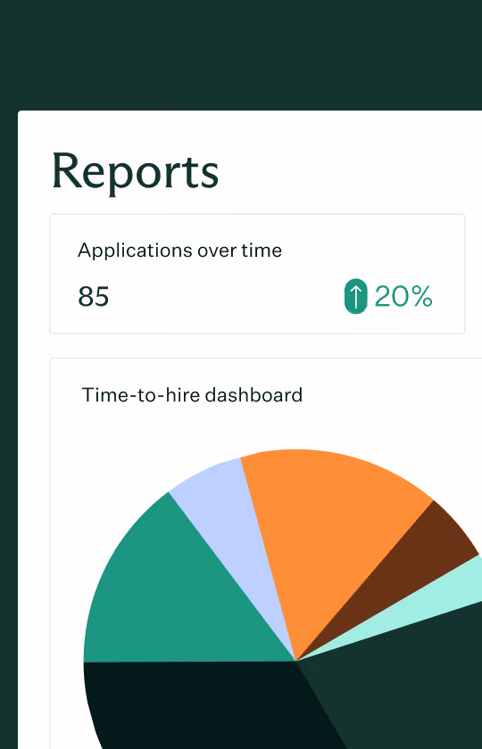 Dashboard report showing 85 applications over time with a 20% increase indicated by a green arrow, alongside a colorful pie chart labeled time-to-hire dashboard.
