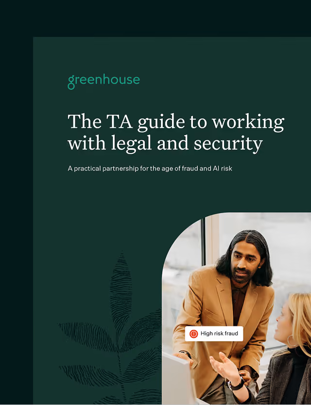 Cover page titled 'The TA guide to working with legal and security' from Greenhouse, featuring a subheading about partnership in the age of fraud and AI risk, with an image of two professionals in discussion, one pointing to a laptop screen labeled 'High risk fraud'.