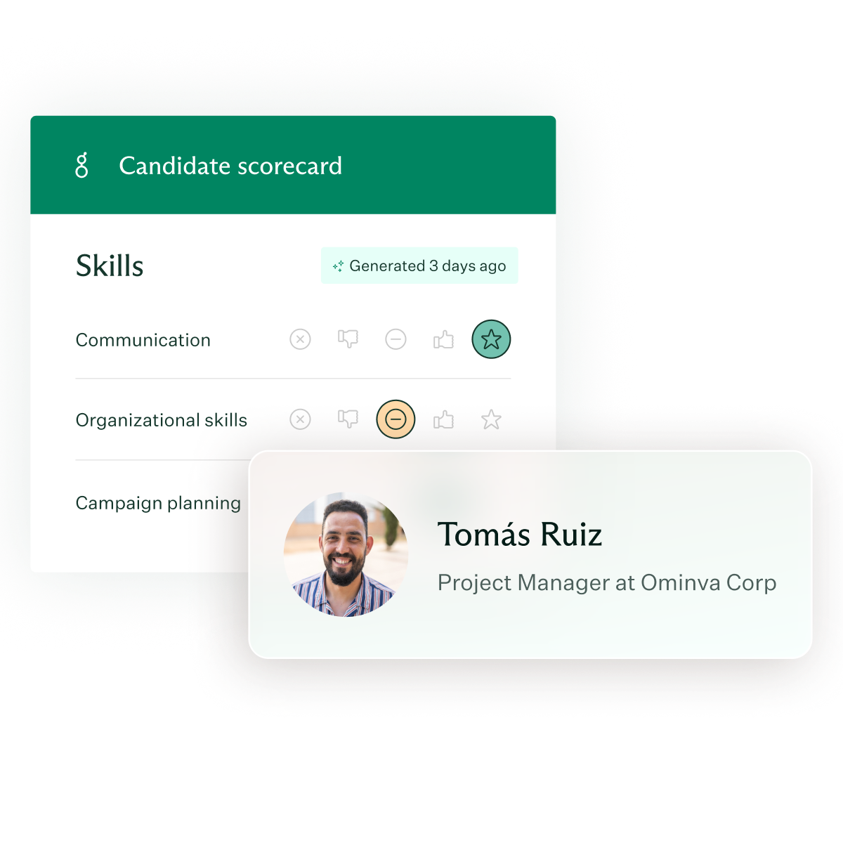 Candidate scorecard displaying skills in communication, organizational skills, and campaign planning, with icons indicating ratings; an overlay shows a profile picture of Tomás Ruiz, Project Manager at Ominva Corp.