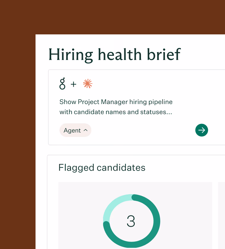 A section titled 'Hiring health brief' showing a search interface with icons and a filter labeled 'Agent.' Below is a chart for 'Flagged candidates' displaying a green circular progress ring with the number 3 in the center.
