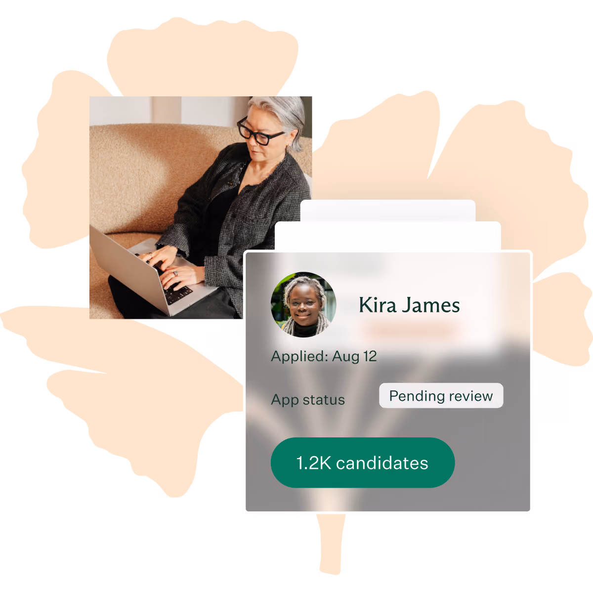 A woman with gray hair and glasses sitting on a beige couch typing on a laptop, with a semi-transparent overlay showing a profile card of 'Kira James,' including her photo, application date of Aug 12, app status as Pending review, and a button indicating 1.2K candidates.