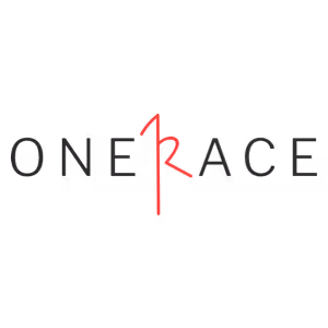 Logo with the word 'ONE RACE' where the letter 'R' is stylized in red and integrated with a vertical red line.