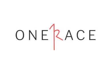 Logo with the text ONE RACE in black, featuring a stylized red number 1 integrated with the letter R.