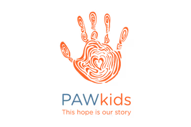 Orange handprint with a heart shape inside above the text 'PAW kids' and the slogan 'This hope is our story'.