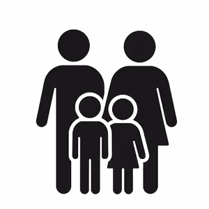Black icon representing a family with two adults and two children standing together.