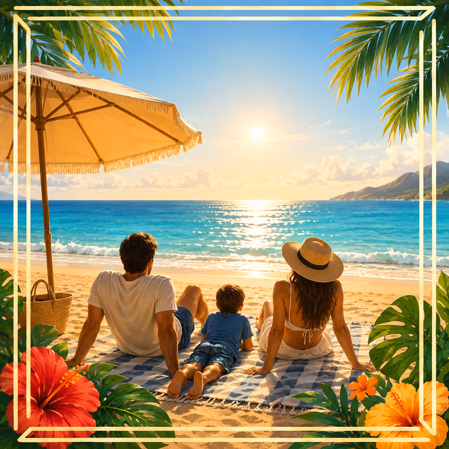 Family of three relaxing on beach towel watching sunset over ocean with umbrella and tropical flowers.