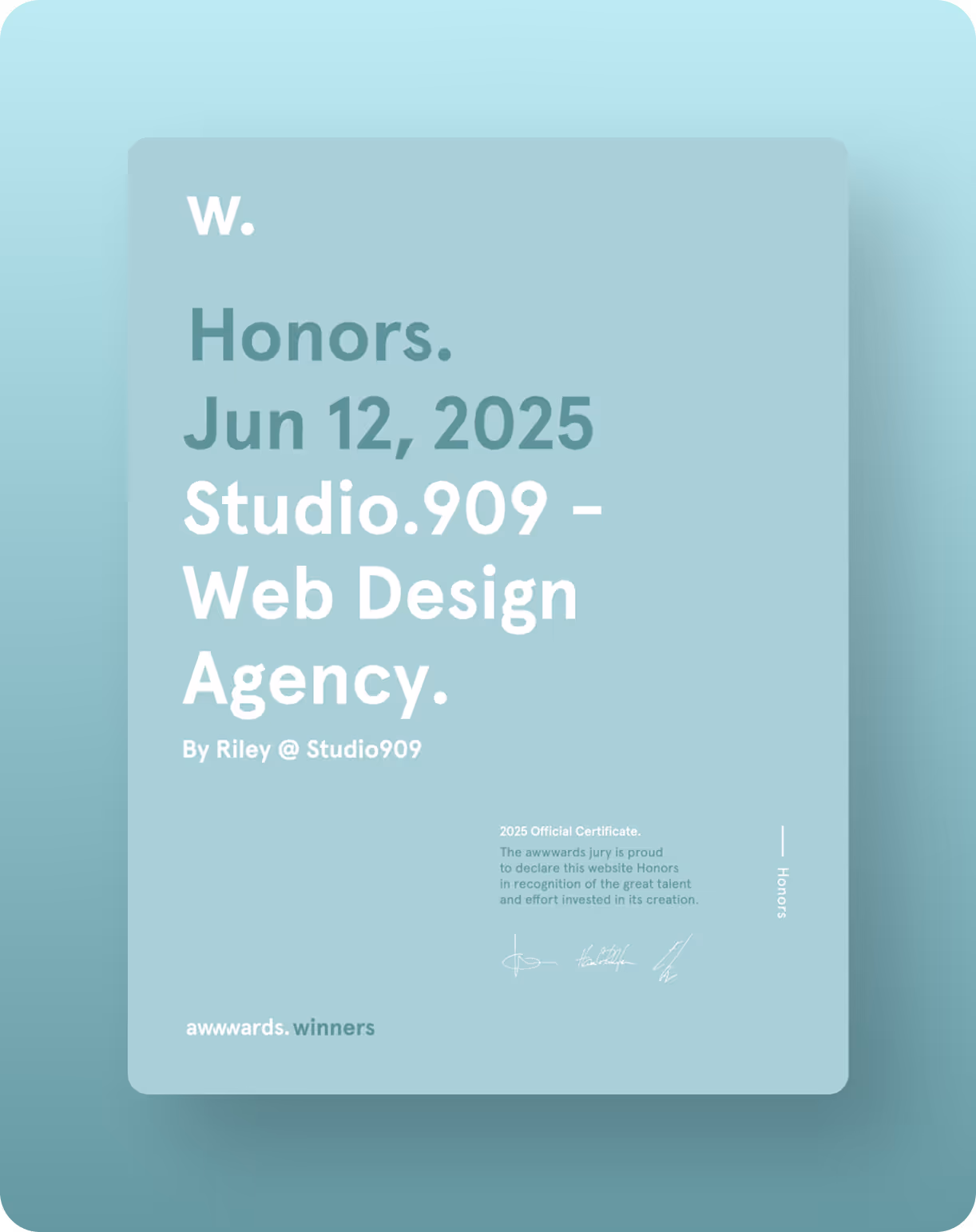 Awwwards Honorable Mention Award for Studio.909 Agency Website Certificate