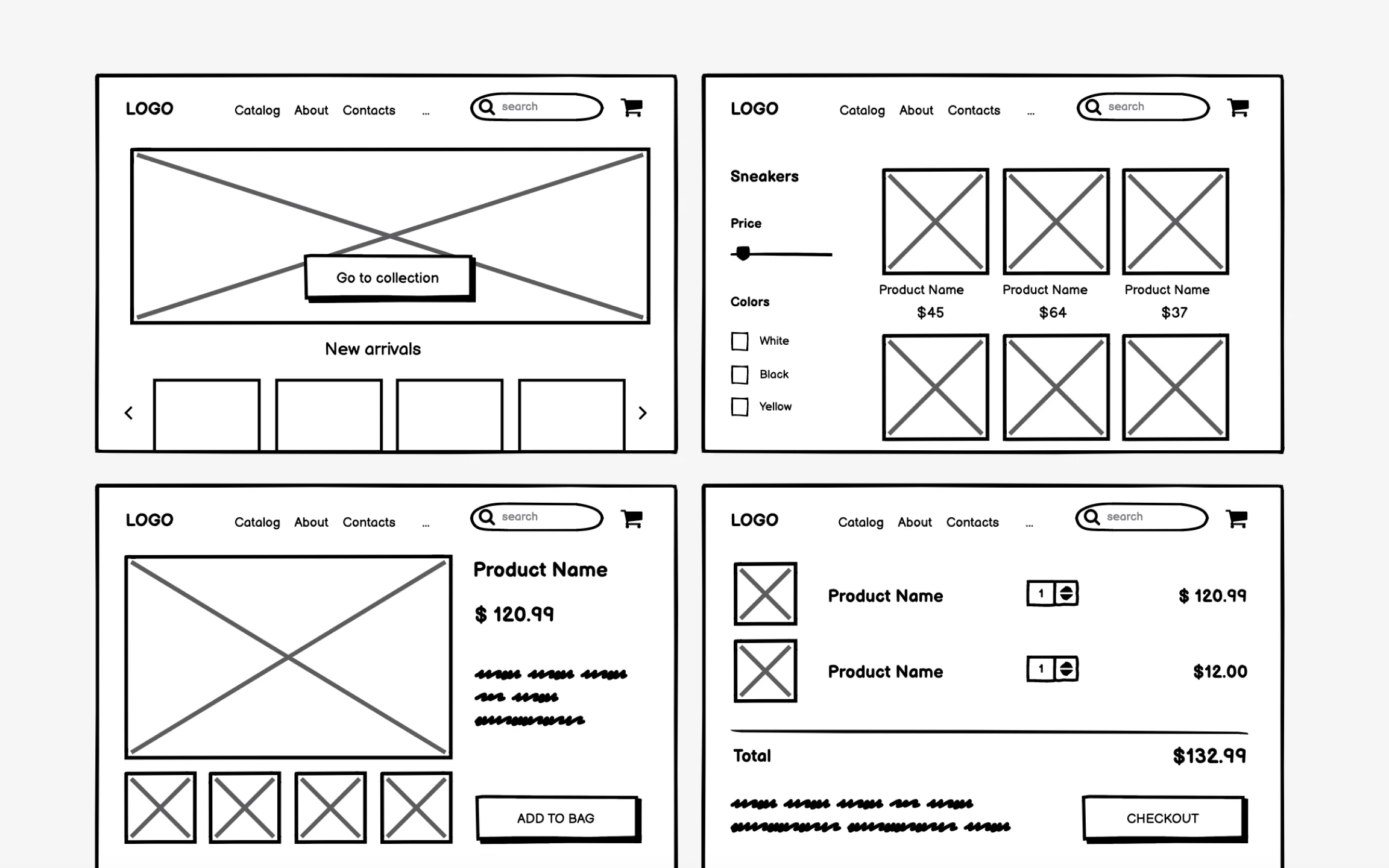 4 website screens showing ecommerce low fidelity check out flow