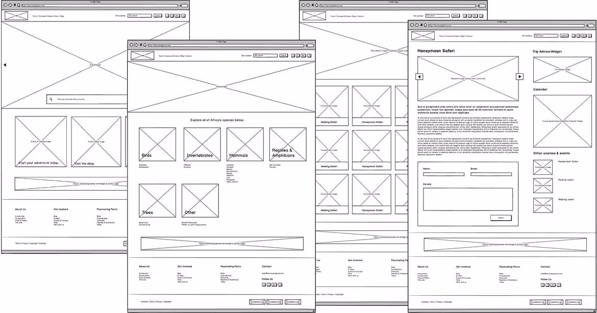 4 website screens showing low fidelity ux mockups