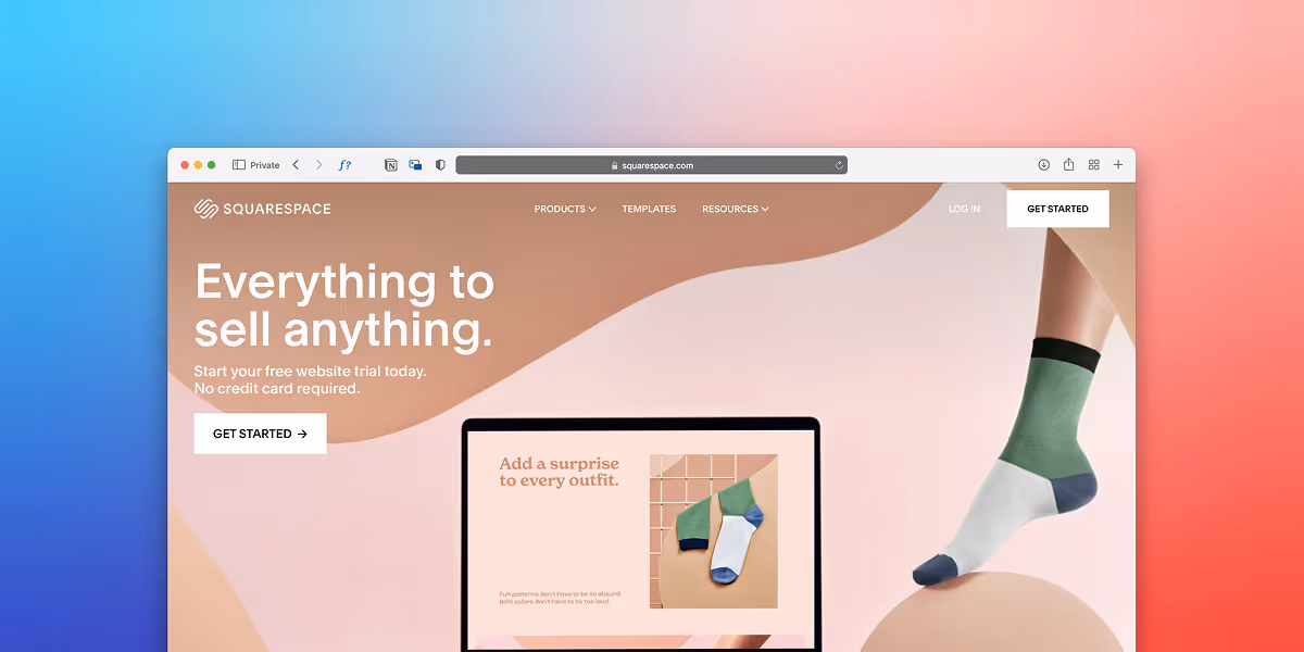 Squarespace website homepage showing 'Everything to sell anything' with a photo of a foot wearing colorful socks.