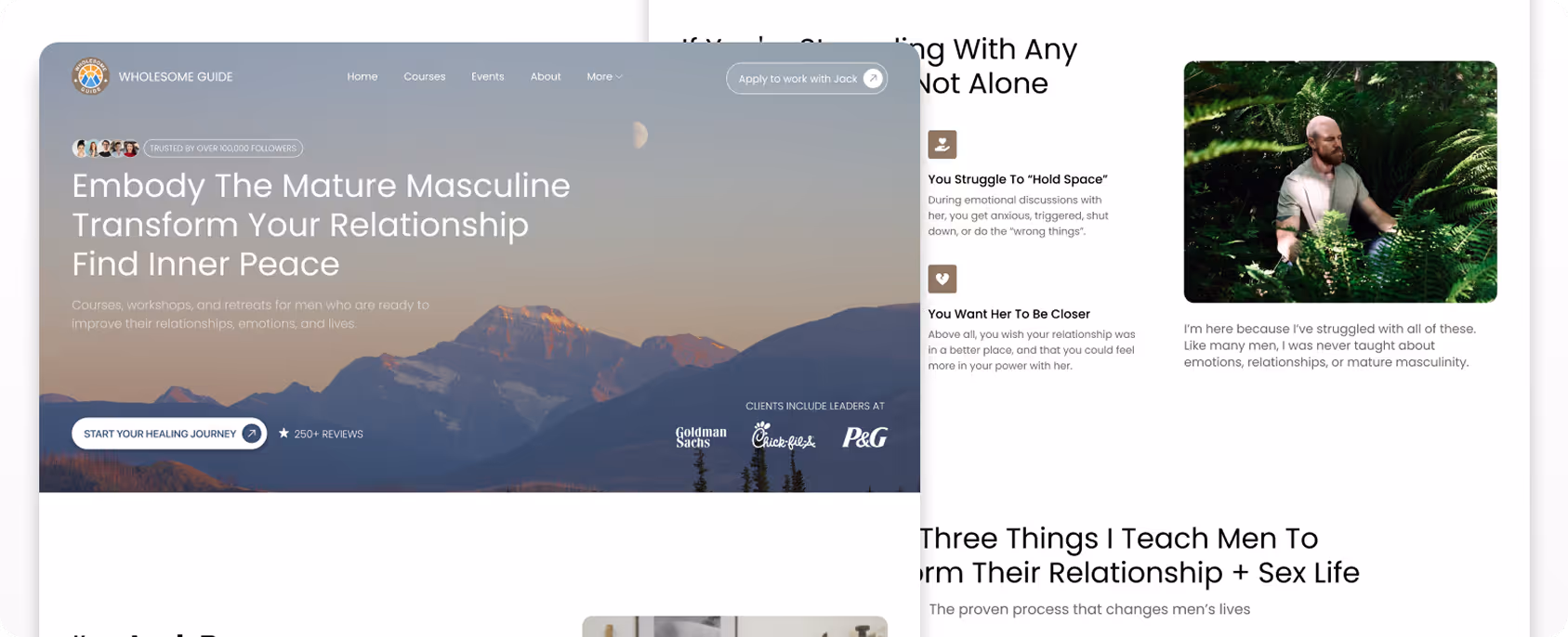 Website homepage showing mature masculinity coaching with mountain background and a man in nature video.