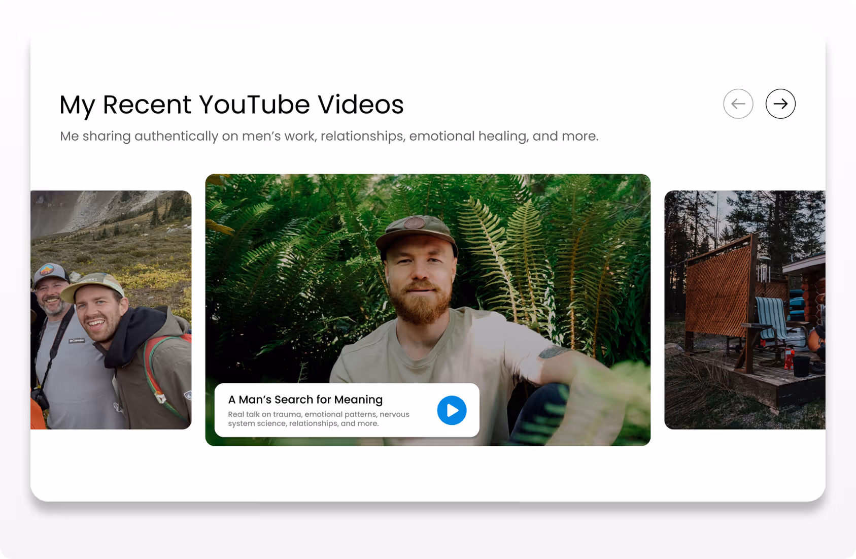 YouTube video section titled My Recent YouTube Videos with thumbnails of men outdoors and video navigation arrows.