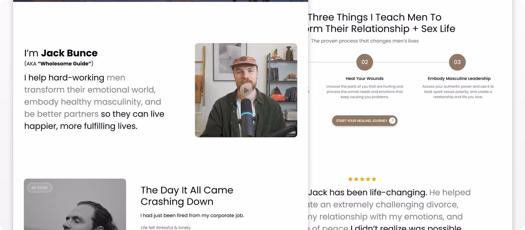 Man in a hat speaking into a microphone beside text introducing Jack Bunce, a guide for men's emotional growth.