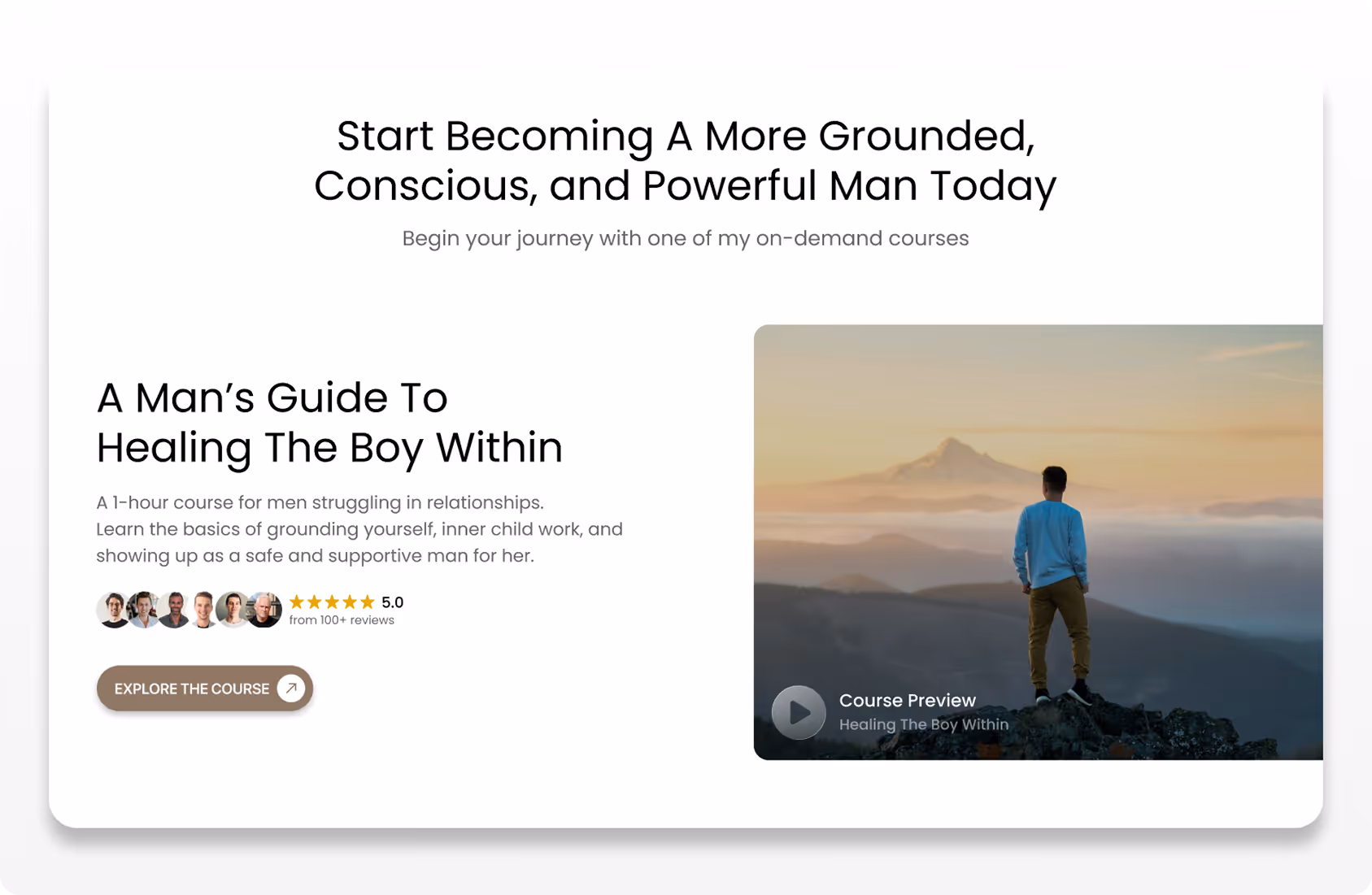 Man in blue shirt stands on rock overlooking misty mountains and sunrise in course preview image.