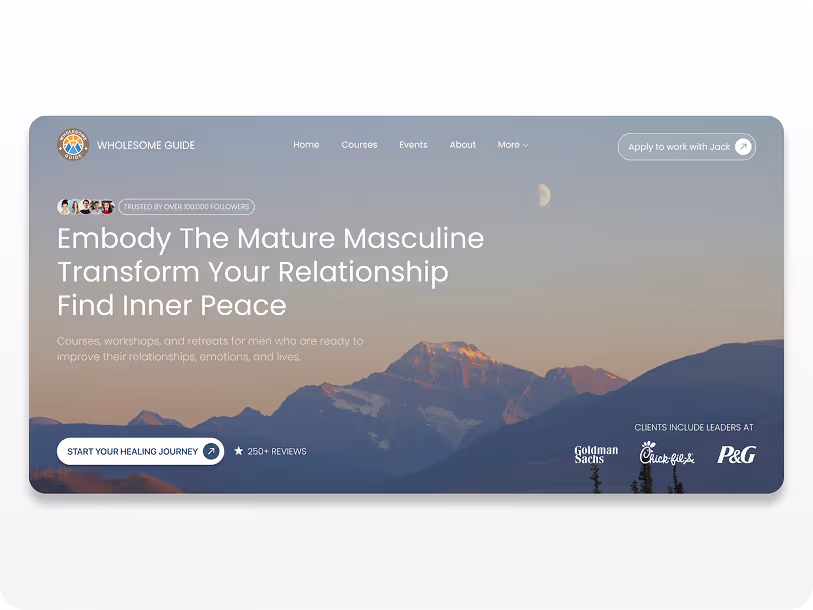 Website homepage with mountain background promoting men's courses to improve relationships and inner peace.