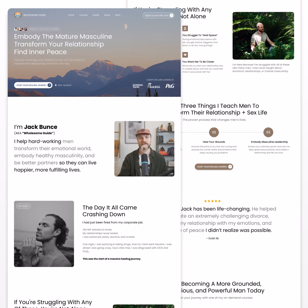 Website showing Jack Bunce offering courses to help men embody masculinity and improve relationships.