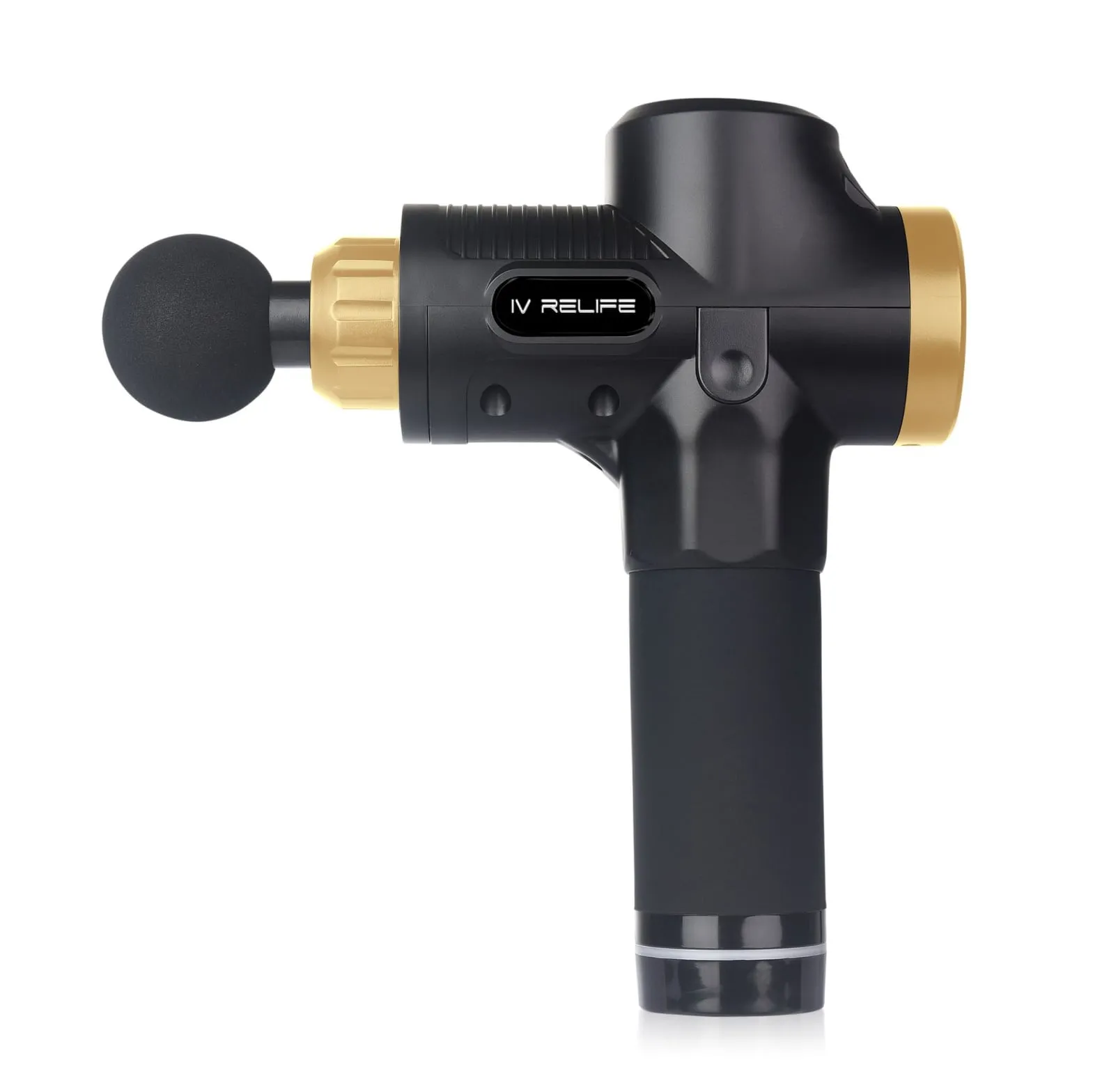 Rear view of a black and gold massage gun showcasing its control interface for easy operation.