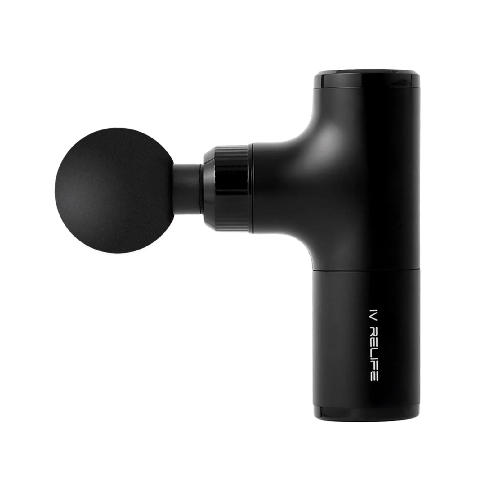 Portable black mini massage gun with interchangeable massage heads, designed for easy muscle recovery.