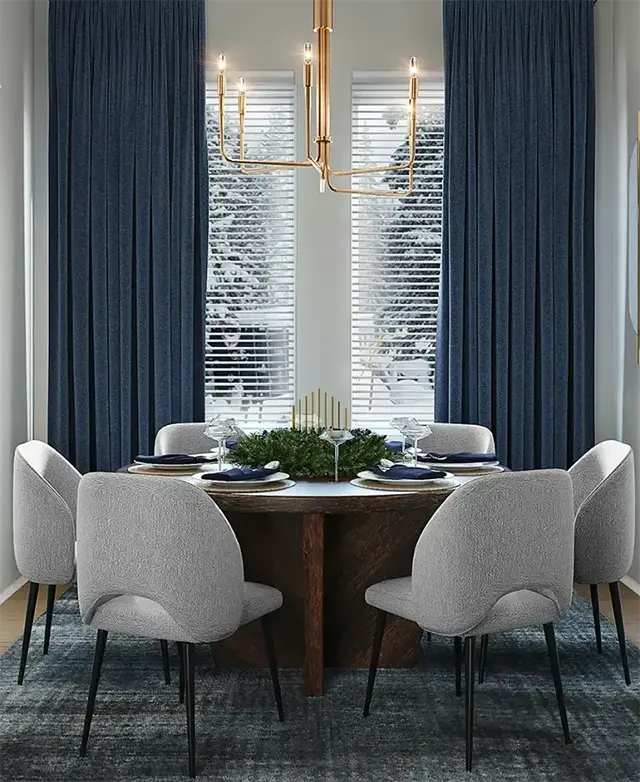 A beautiful Kitchen showing a painted room with long blue curtains