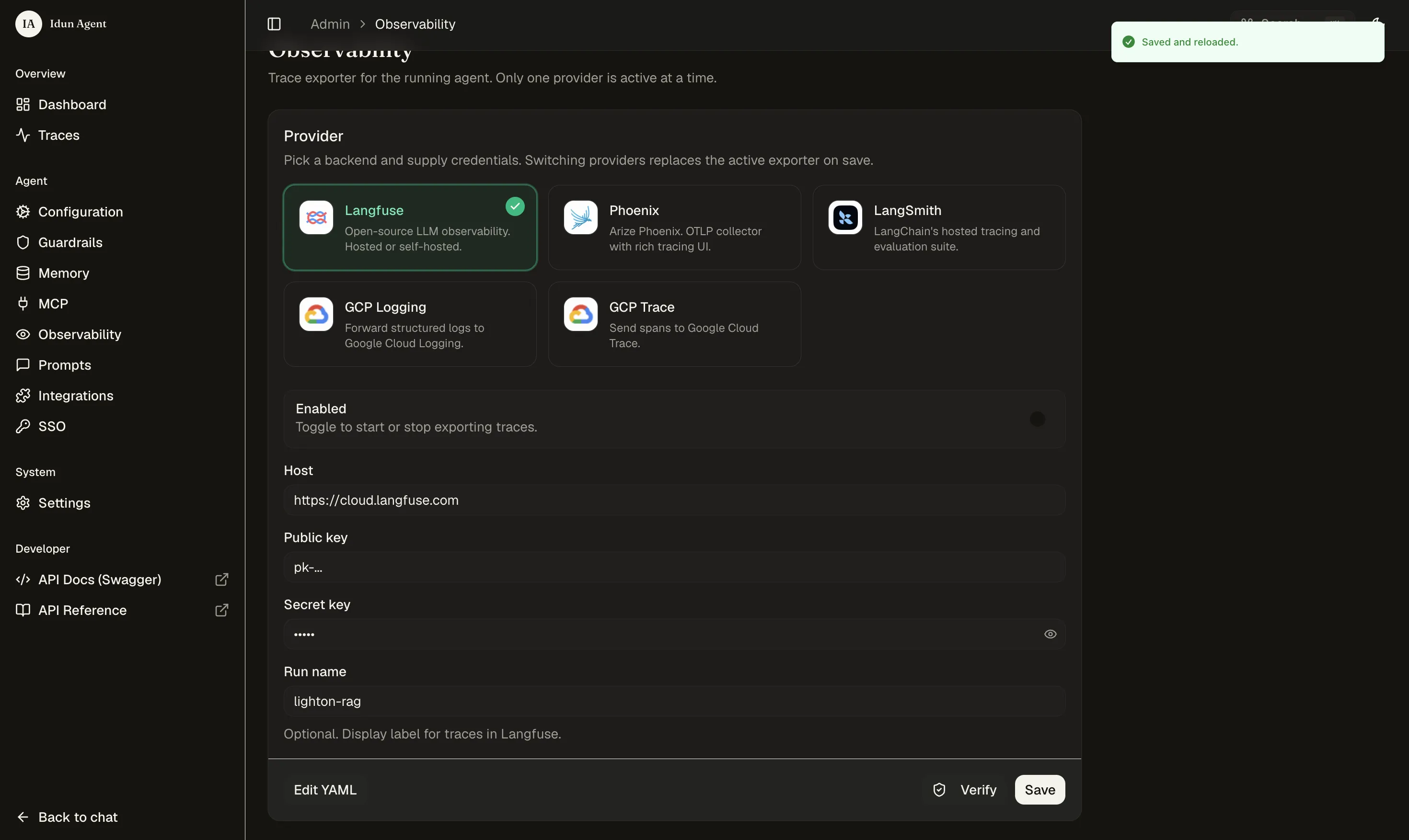 Idun observability page showing Langfuse connected and active with traces flowing
