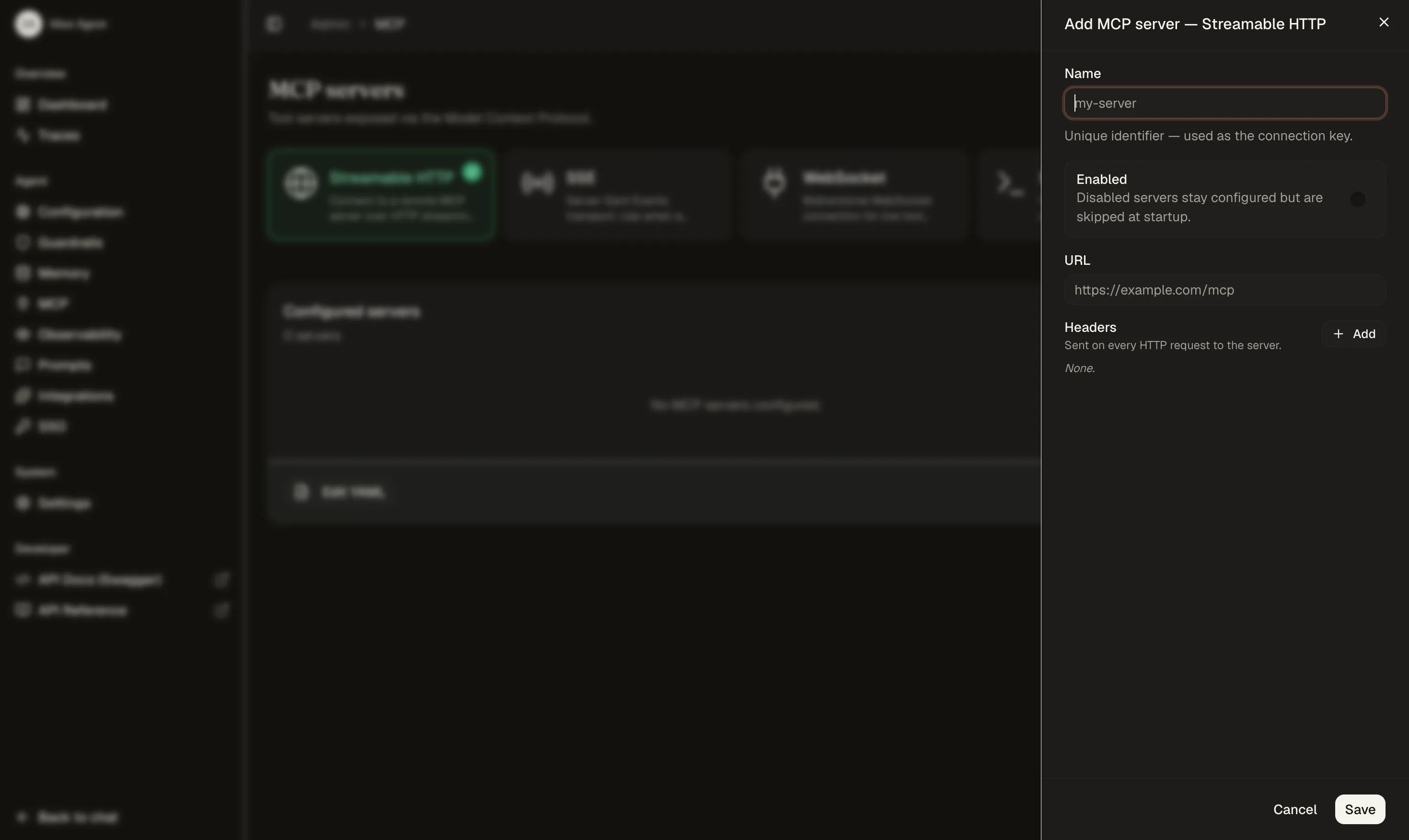 Idun MCP Servers page configuring the LightOn streamable HTTP transport with server URL and headers