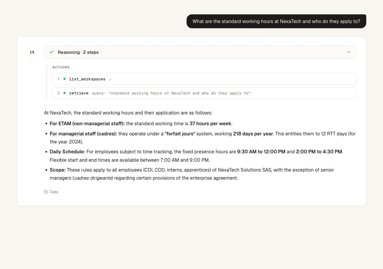 Idun chat playground showing the agent's grounded answer about NexaTech working hours, citing the source HR documents