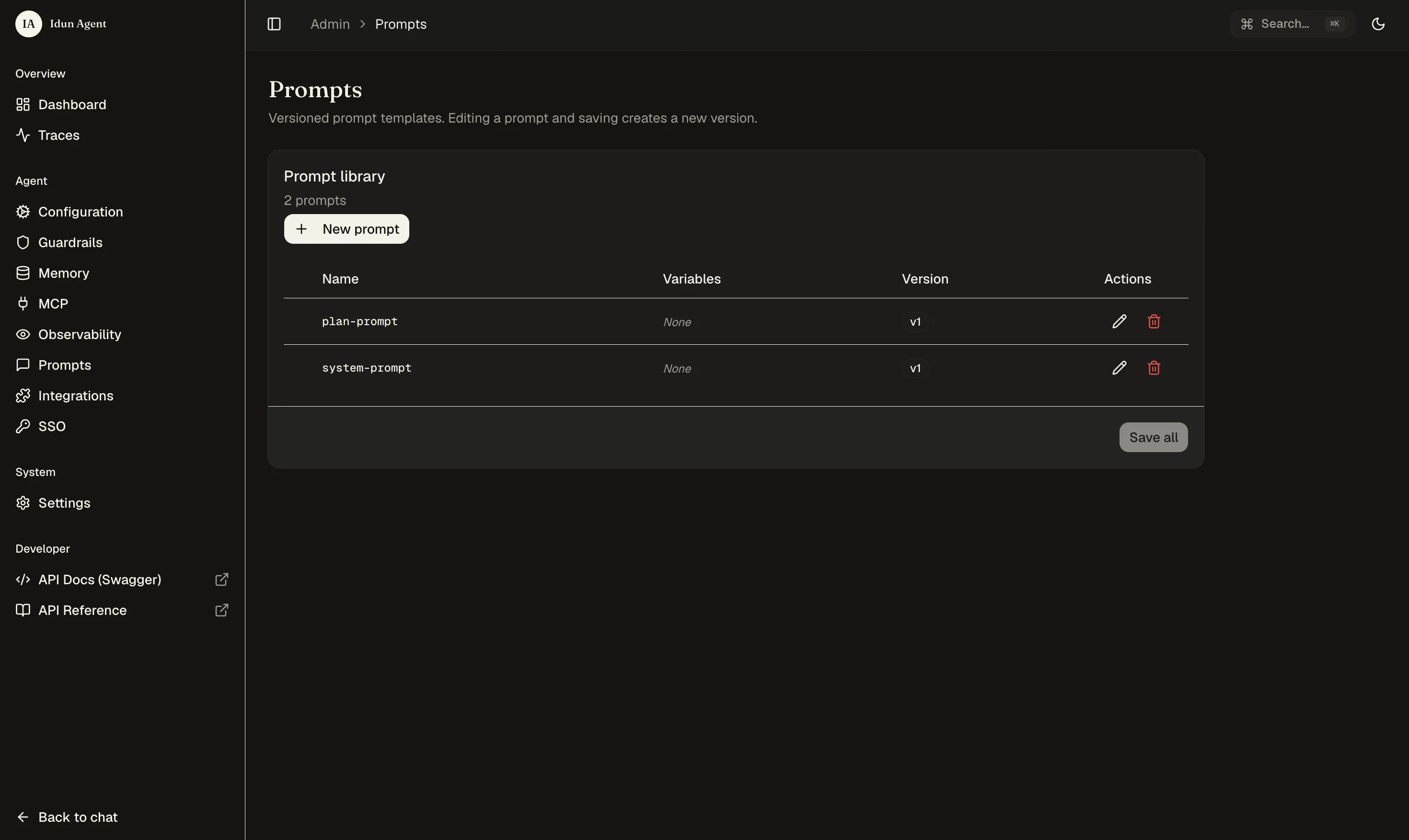 Idun prompt list view showing system-prompt and plan-prompt with their immutable versions