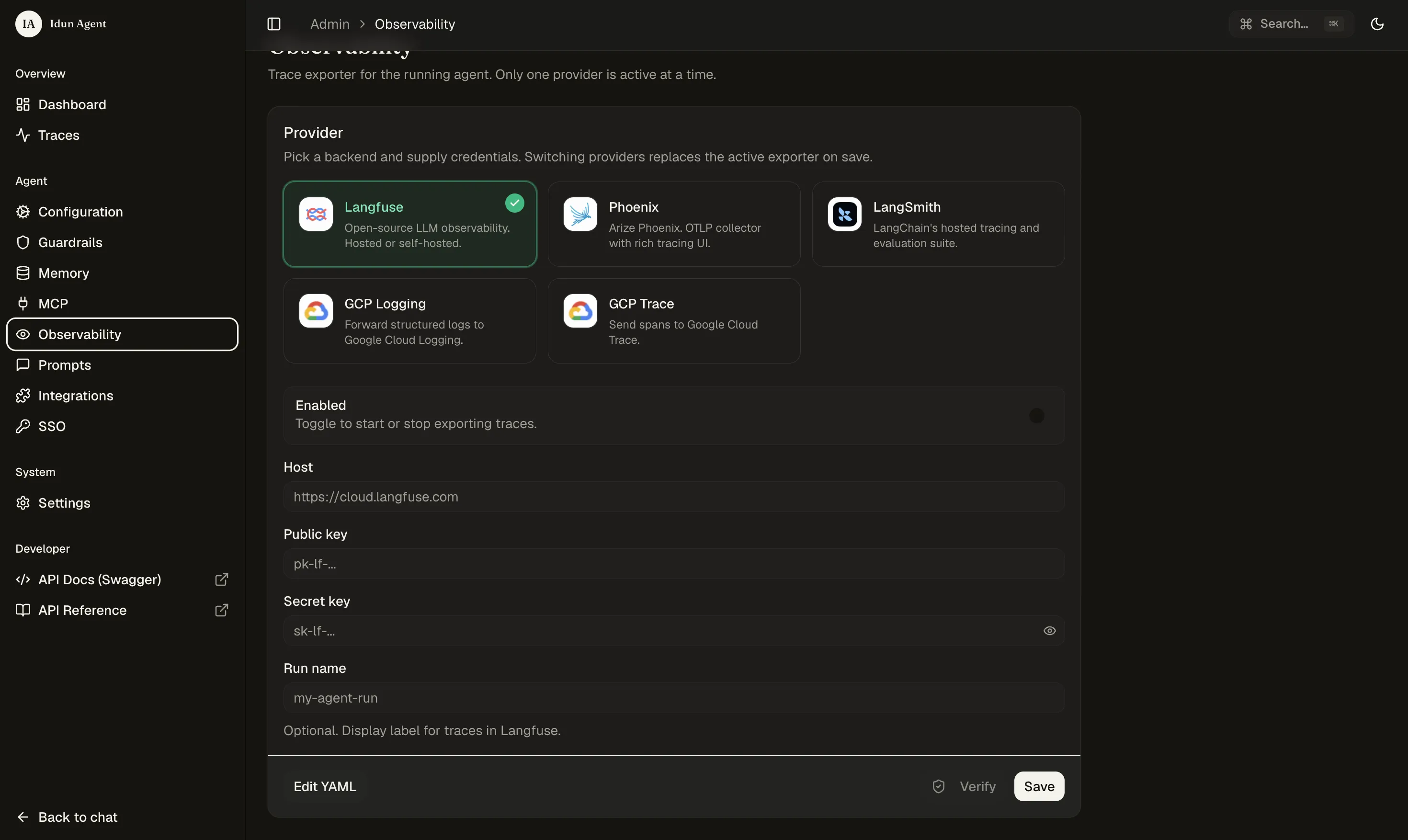 Idun observability configuration page with Langfuse credentials being entered