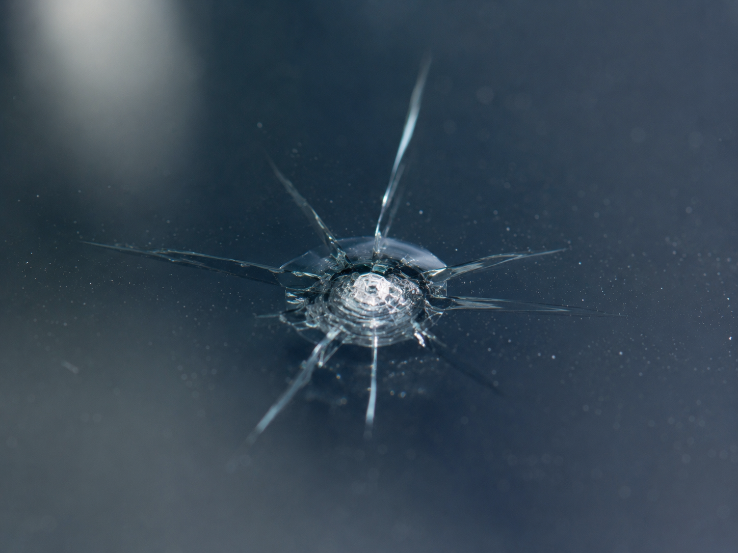 Star-shaped windshield chip with short cracks spreading from the impact point