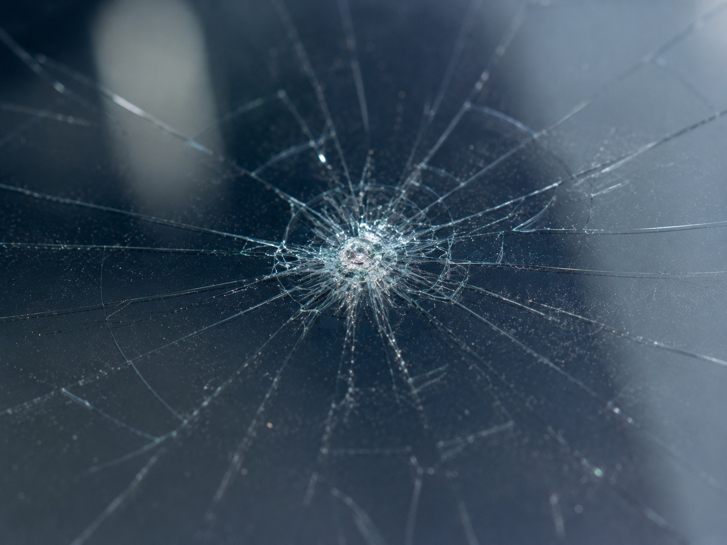 Spider crack windshield damage with multiple cracks spreading from a central impact point