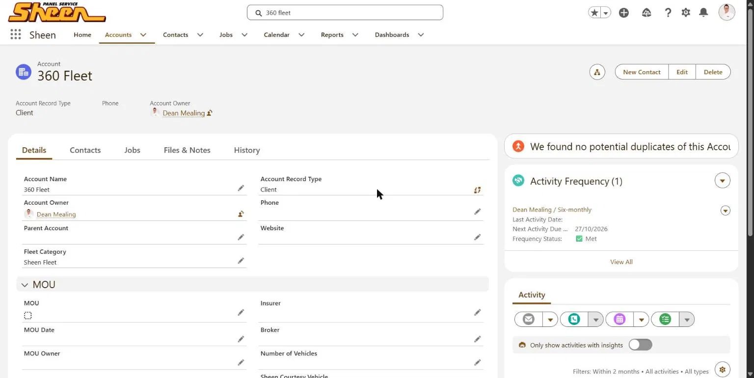 User interface showing account details for 360 Fleet with owner Dean Mealing and MOU information in a CRM system.